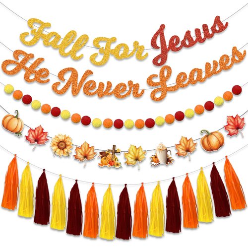 Fall for Jesus He Never Leaves Banner Fall Party Decorations Fall Pumpkin Harvest Maple Leaf Garland Banner for Fall Friendsgiving Thanksgiving Party Supplies