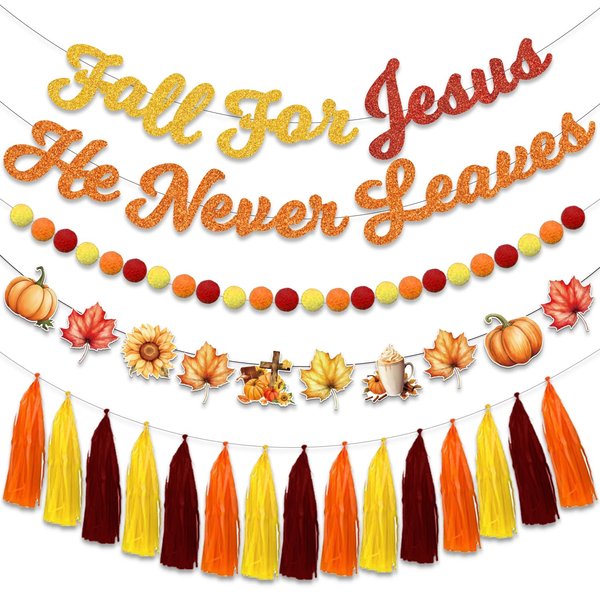 Fall for Jesus He Never Leaves Banner Fall Party Decorations Fall Pumpkin Harvest Maple Leaf Garland Banner for Fall Friendsgiving Thanksgiving Party Supplies