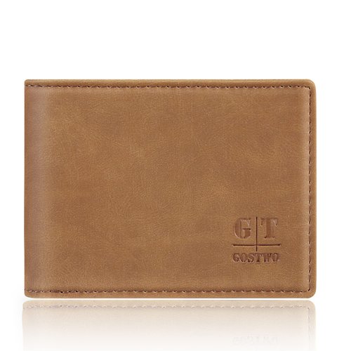Gostwo Mens Slim Minimalist Front Pocket Wallet Genuine Leather ID Window Card Case RFID Blocking (Brown)