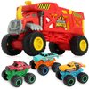 KARMOUNT 4-in-1 Mounster Truck Transport Carrier Playset, Red Mover Rhino Toy Cars Hauler Set for Children, Including 3 Diecast Monster Trucks, Ideal Gift for Kids 3+