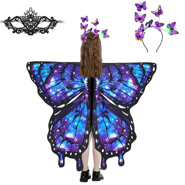 plainshe Halloween Costumes for Girls，Butterfly Wings Kids, Fairy Wings Blue Purple，3PCS Butterfly Costume Set.