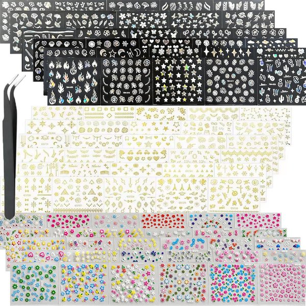 Flower Nail Stickers 90 Sheets 3D Self-Adhesive Gold Line Nail Floral Stickers Multi-Design Flower Nail Decals Multicolor Flower Manicure Stickers with Tweezer