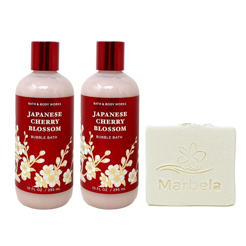 Bath & Body Works Japanese Cherry Blossom 2 Piece Bubble Bath Value Pack with a Natural Oats Soap - Full Size