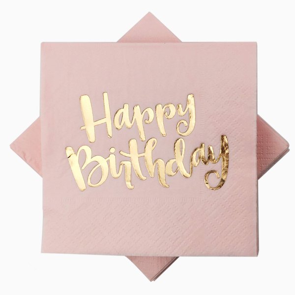 Pink Happy Birthday Cocktail Napkins 100Counts 3ply /5'' Disposable Rose Gold Foil Paper Napkins Perfect for Mother Girls Happy Birthday Party