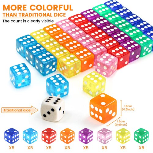 GWHOLE 40 Pieces 6-Sided Game Dice Set, 8 Translucent Colors Dice for Board Games and Teaching Math