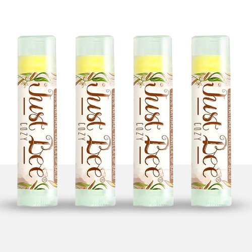 Just Bee 100% Natural Beeswax Lip Balm with Organic Oils (Cozy Vanilla, 4 pack)
