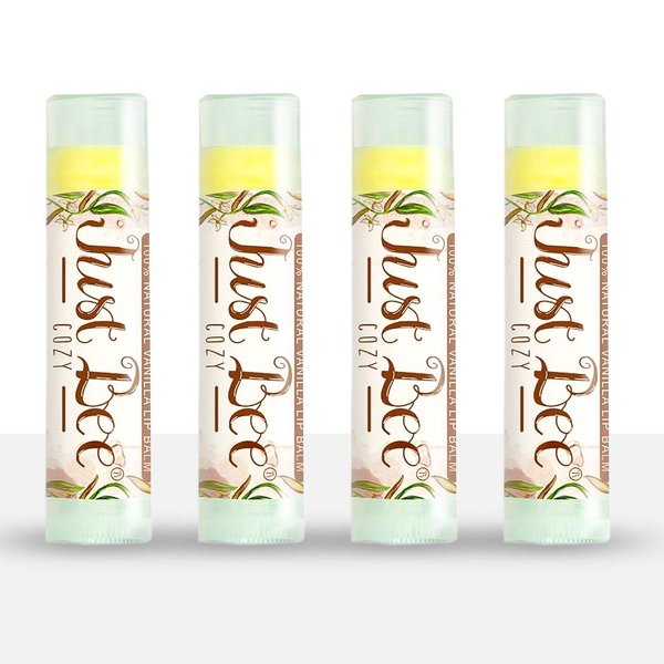 Just Bee 100% Natural Beeswax Lip Balm with Organic Oils (Cozy Vanilla, 4 pack)