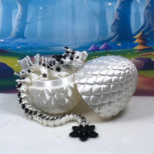 3D Printed Cherry Blossom Dragon with Dragon Egg, 12" Articulated White and Black Cherry Blossom Dragon, Home Decor Executive Desk Toys,Fidget Toys for Autism/ADHD D030-WHT