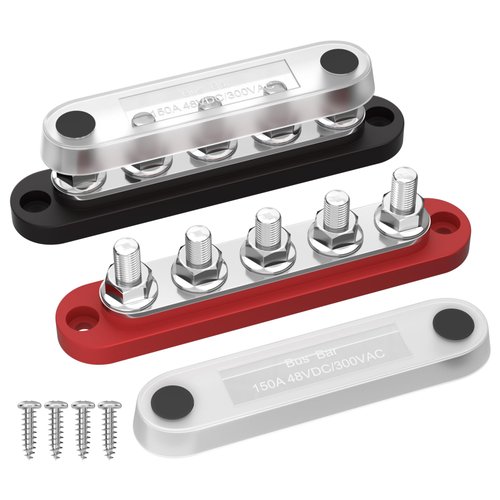 DaierTek Power Distribution Block with Cover Mini 5 x 1/4" Studs Bus Bar Terminal Block Max 150A 48V DC 300V AC Positive & Negative for Automotive Car Marine
