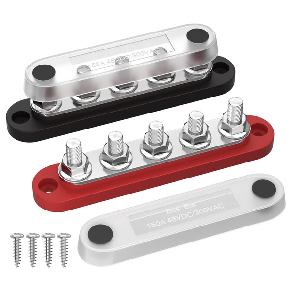 DaierTek Power Distribution Block with Cover Mini 5 x 1/4" Studs Bus Bar Terminal Block Max 150A 48V DC 300V AC Positive & Negative for Automotive Car Marine