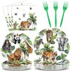 Justforjoyful 96Pcs Wild Animals Party Supplies Jungle Paper Plates Napkins Safari Theme Party Tableware Set Safari Zoo Dinnerware for Girl Birthday Party Baby Shower Decoration Serve 24