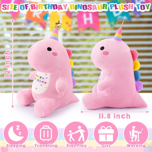 Pink Happy Birthday Dinosaur Stuffed Animal, 11.8'' Kawaii Soft Dino Plush Toys, Dinosaur Plushir Birthday Gift for Her Girls Boys Girlfriend, Valentine Day, Sweet Romantic Anniversary Christmas Gift