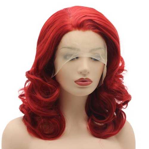 Meiyite Hair Wavy Shoulder Length 16inch Red Half Hand Tied Heat Resistant Synthetic Lace Front Wigs