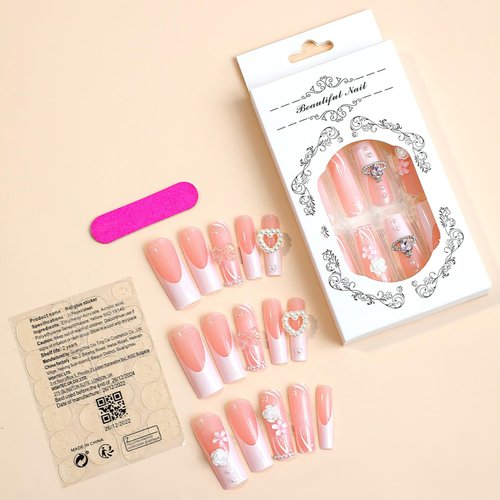 Long Fake Nails Coffin Press on Nails Pink Full Cover Stick on Nails French Tip False Nails with 3D Butterfly Flower Designs Rhinestones Nails Cute Glue on Nails Artificial Nails for Women 24Pcs