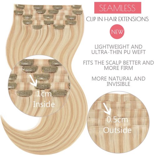 Clip in Hair Extensions 100% Remy Human Hair New Technology PU Weft Seamless Hair Extensions Natural Straight Light Golden Brown Mixed With Platinum Blonde Piano #12/60A 14inch 110gram 7pcs