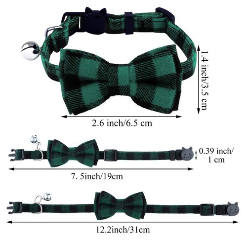 ADXCO 4 Pack Plaid Cat Collars Quick Release Cat Collar with Bell and Bow Tie Kitty Safety Cat Collar Breakaway Cat Collar Cute Plaid Adjustable Cat Bow Tie Collars with 4 Pack Anti-Lost Tags