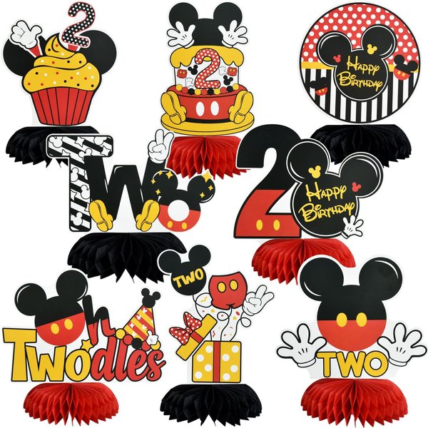 TONIFUL 2nd Birthday Black Red Yellow Mouse Themed Table Honeycomb Centerpieces, Red Mouse Table Topper Decor, Letter TWO for Second Birthday Party Supplies Party Decorations (8 Pcs)