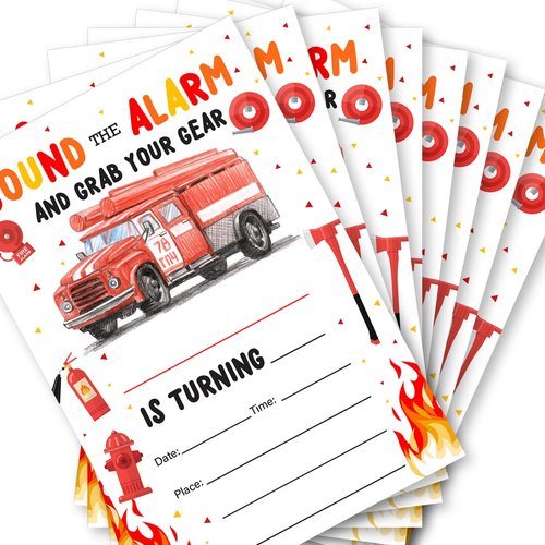 Soiceu Firetruck Birthday Invitations, Watercolors Fire Truck Firetruck Party Invites with Envelopes Set of 20