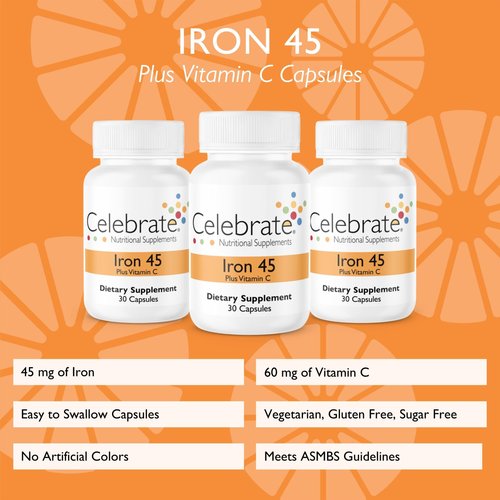 Celebrate Vitamins Iron with Vitamin C Capsules, 45 mg Iron, Bariatric Vitamins for Post-Surgery Patients, 90 Count, 3 Month Supply