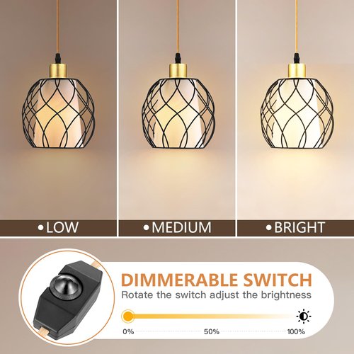 Cinkeda Plug in Pendant Light, Black Farmhouse Hanging Lights with Linen Shade, 15ft Golden Cotton Cord, Industrail Ceiling Lamp with Dimmable Switch, for Kitchen Island Living Room (Bulb Included)
