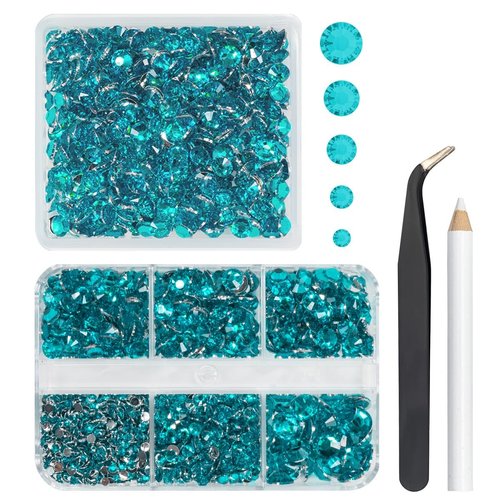 qiipii 3060PCS Blue Zircon Resin Crystal Rhinestones for Crafting Turquoise Blue Flatback Gems 2mm 3mm 4mm 5mm 6mm Non-Hotfix Stones Diamonds for Nails Face Eyes Makeup Body Tumblers Mugs DIY Crafts