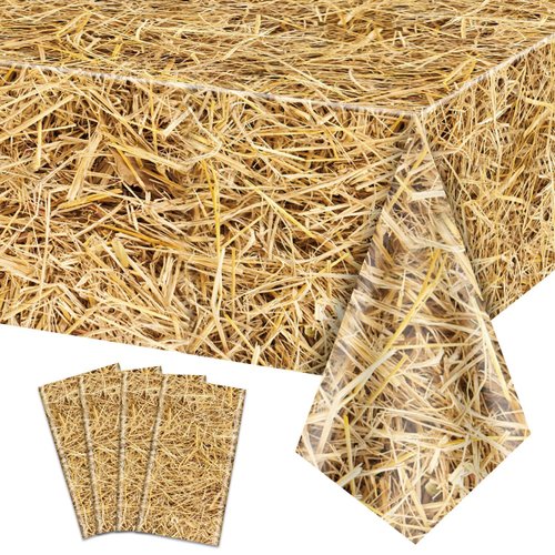 PTECDROTS 4 Pcs Straw Tablecloth Rectangular Straw Table Cover Waterproof Farm Table Cloth Hay Stacks for Farm Party Decorations Cowboy Western Theme Party Supplies, 51 x 106 inch