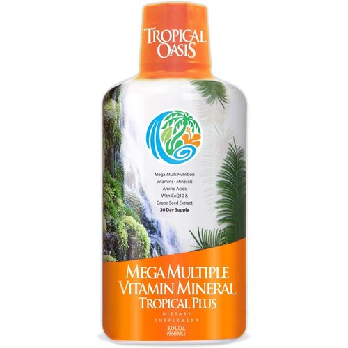 Tropical Oasis Mega Plus - Liquid Multivitamin and Mineral Supplement – Includes 85 Vitamins & Minerals, 20 Amino Acids + CoQ10, Grape Seed Extract & Organic Aloe Vera - 32oz, 32 Servings, 33460