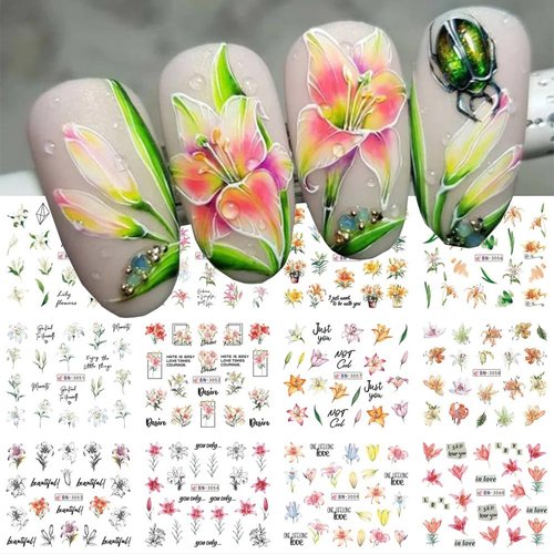 12 Designs of Flower Nail Art Stickers Lily Flower Acrylic Nail Decals for Spring Summer Nail Art Decorations Colorful Assorted Lily Floral Water Transfer Slider Nail Foil Sticker for Women Nail Art