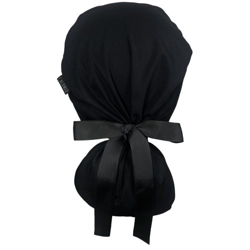 CALOMED Scrub Cap for Women and Men, Ponytail Scrub Caps, Working Hat, Head Cover with Ribbon Ties and Buttons, Long Hair (Plain Black)