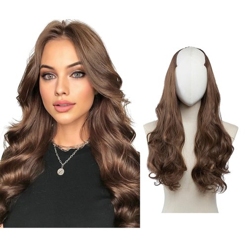 SARLA U Part Hair Extensions Clip in Wavy Long Full Head Synthetic Hairpiece 24 Inch for Women Medium Brown