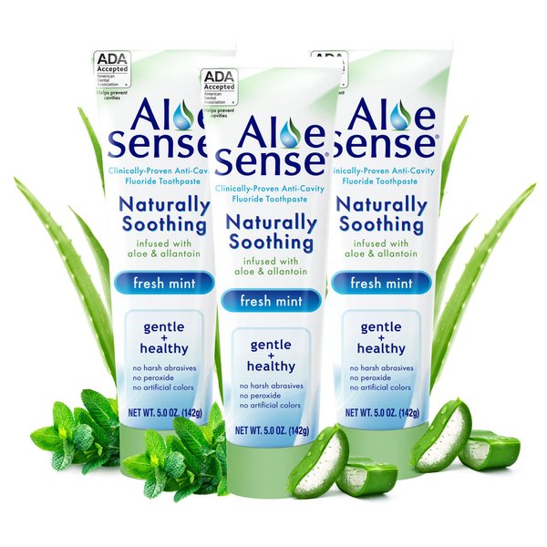 AloeSense Fluoride Toothpaste, Naturally Soothing Toothpaste Sensitive Teeth and Gum Care with Aloe Vera, Allantoin & Fresh Mint Flavor, Gentle & Natural Toothpaste, ADA Approved (5-oz, 3 Count)