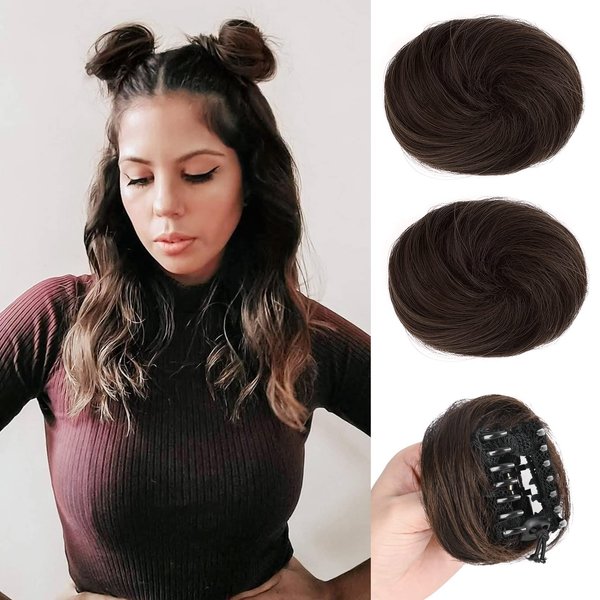 JWLFLOWXISS Space Buns Hair Pieces, 2PCS Mini Claw Clip in Messy Bun Short Straight Cat Ears Hair Bun Extensions Synthetic Hair Scrunchies Updo Hairpieces for Women Girls