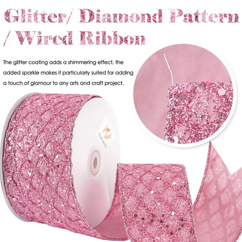 HUIHUANG Pink Glitter Wired Ribbon for Christmas Tree 2.5 inch Light Pink Diamond Mesh Wire Ribbon for Tree Decoration, Wreaths, Garland, Gift Wrapping, Bows Making, Home Decor -10 Yards