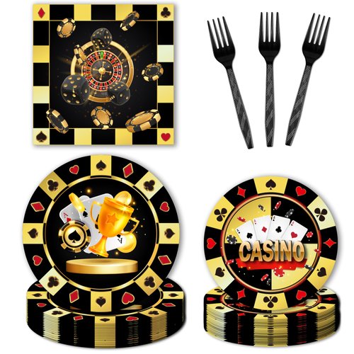 EngoEagle 96PCS Casino Theme Party Decorations - Casino Las Vegas Plates and Napkins Party Supplies Poker Birthday Disposable Tableware Set Serve 24 Guests