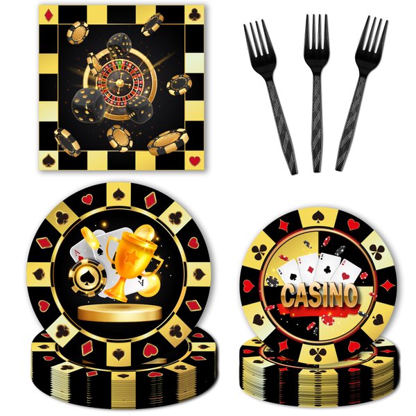 EngoEagle 96PCS Casino Theme Party Decorations - Casino Las Vegas Plates and Napkins Party Supplies Poker Birthday Disposable Tableware Set Serve 24 Guests