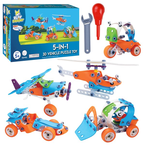 Play Brainy Erector Set Set for Kids, 132pc 3D Vehicle Puzzle Toy - Includes Helicopter, Plane, Tractor, Car, and Motorcycle, A 5-in-1 Stem Building Kit for Boys and Girls Ages 5-12
