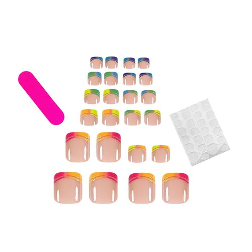 24Pcs French Press on Toenails Short Square Fake Toenails Colorful French Tip Toenails Full Cover Cute Summer Toe Press On Nails Seamless Fit Toe Nails Glue on False Toenails for Women and Girls