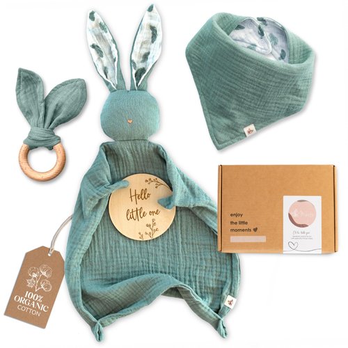 Mikito Organic Cotton Newborn Gifts Box, Baby Gifts Unisex incl. Muslin Baby Lovey Comforter + Baby Bandana Bib Drool + Wooden Baby Teether + Birth Announcement Sign, Baby Gift Set, Loveys for Babies
