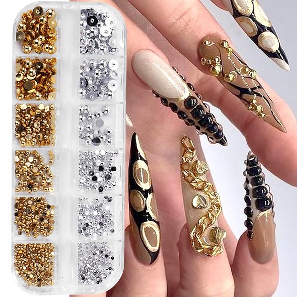 12 Grids/Box Gold Silver Pearls for Nails 3D Half Round Pearl Nail Charms Metal Nail Pearls for Nail Art Supplies Caviar Beads Pearl Charms for Nails Design Flatback Pearl Nail Beads Nail Decorations