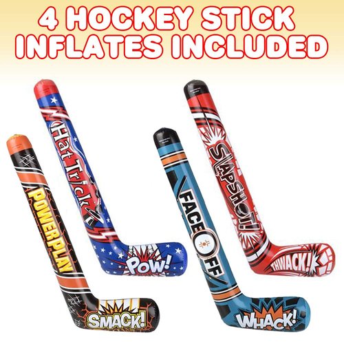 ArtCreativity Hockey Stick Inflates, Set of 4, Inflatable Hockey Party Decorations, Fun Assorted Designs, Sports Birthday Party Favors, Unique Pool Toys for Kids, Cool Boys’ Room Decor