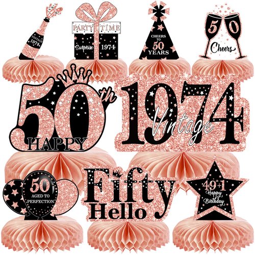 9Pcs 50th Birthday Decorations Honeycomb Centerpieces for Women, Rose Gold Pink Happy 50th Birthday Centerpieces Tables Toppers Party Decorations Supplies, Vintage 1974 Aged Birthday Table Sign Decor