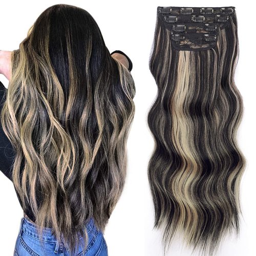 Vigorous Clip in Hair Extensions 20 Inch Black Mix Blonde Long Hair Extensions Clip Ins 4PCS Soft Synthetic Hairpieces for Women