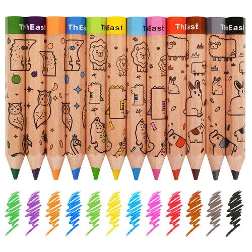 ThEast 12 Short Colored Pencils for Kids, Cute Animal Toddler Pencils ages 2-4, Color Pencils with Sharpener, Christmas Stocking Stuffers, Pre-Sharpened(Pack of 1)