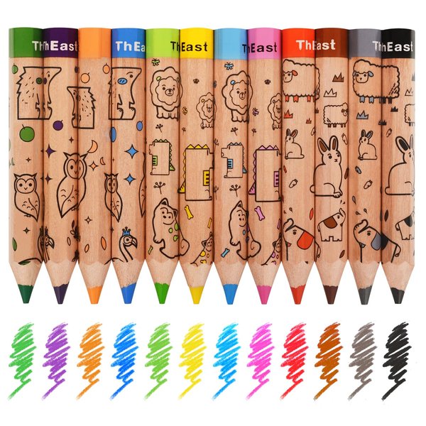 ThEast 12 Short Colored Pencils for Kids, Cute Animal Toddler Pencils ages 2-4, Color Pencils with Sharpener, Christmas Stocking Stuffers, Pre-Sharpened(Pack of 1)