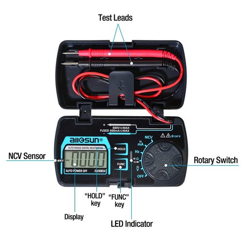 allsun Auto Ranging Pocket Tiny Digital Multimeter, Mini Electrical Travel Meter AC/DC Ohm Volt NCV Amp Capacitance Frequency Diode Continuity