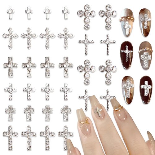 DANNEASY 32pcs 3D Silver Cross Nail Charms Punk Charms for Nails Flat-Back Nail Rhinestone Crystal Gem Diamond Metallic Nail Studs Rivet Acrylic Nail Art Decoration Jewels