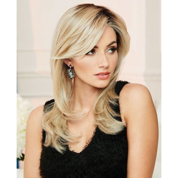 Fencca Ombre Blonde Highlight Long Natural Wavy Wig with Bangs Layered Synthetic Blonde Wigs for White Women