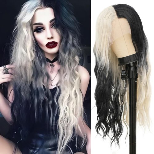 Salaibs White Ombre Black Lace Front Wigs for Women Long Curly Wavy Natural Synthetic Hair Wig for Daily Party Cosplay Halloween Use