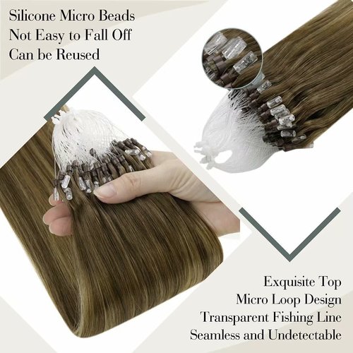 LaaVoo Brown Microlink Hair Extensions Human Hair Balayage 18 inch Light Brown to Golden Blonde Mix Brown Micro Beads Human Hair Extensions Remy Human Hair Extensions Micro Loop Soft Straight 50g/50s