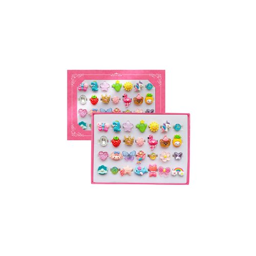 ELEMIRSA 28pcs Little Girl Jewel Rings in Box, Girl Princess Pretend Play and Dress Up Rings Set, Kids Girl Birthday Gifts, Adjustable, No Duplication